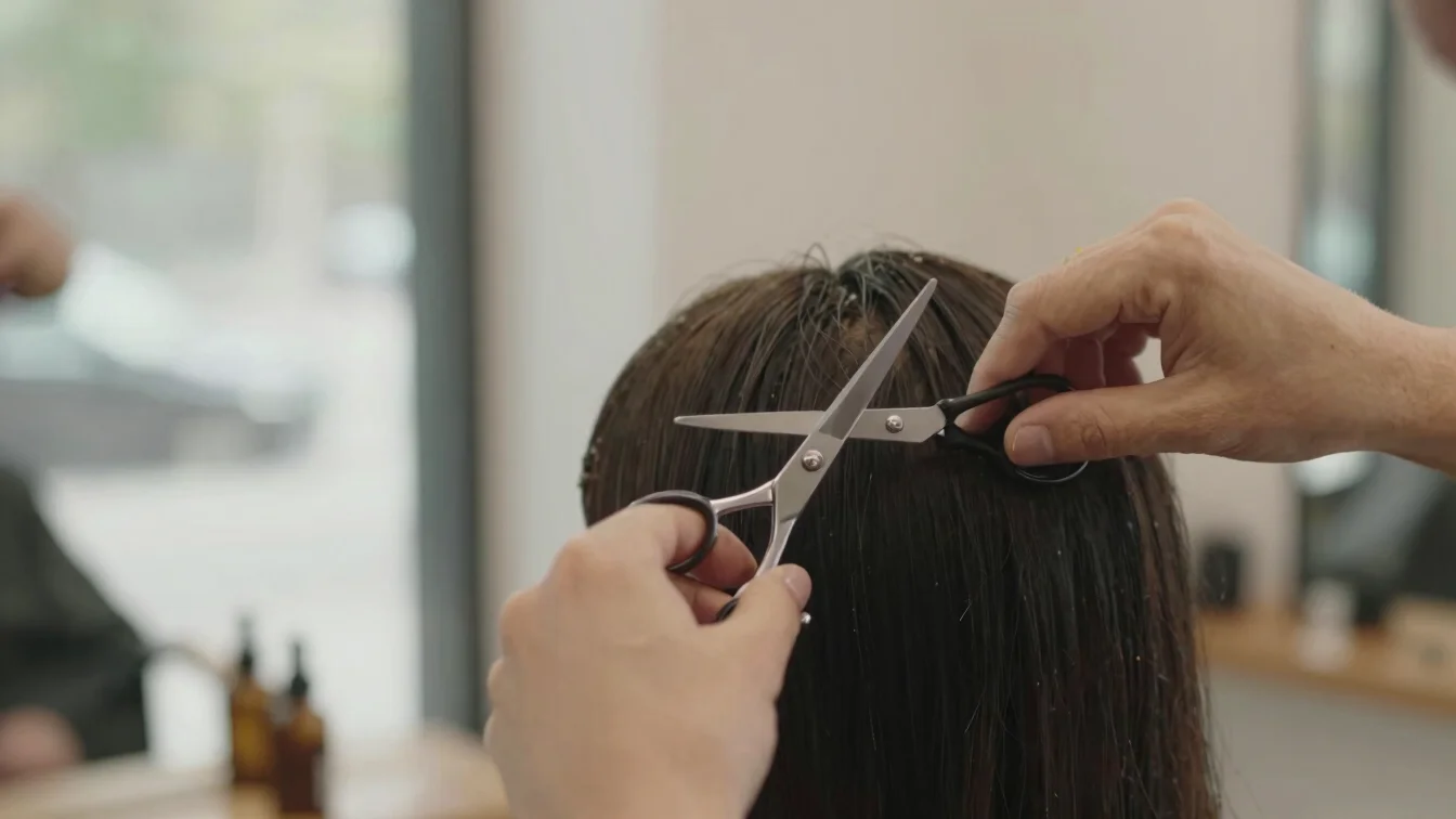 Close detail of hands cutting hair with scissors during a salon a