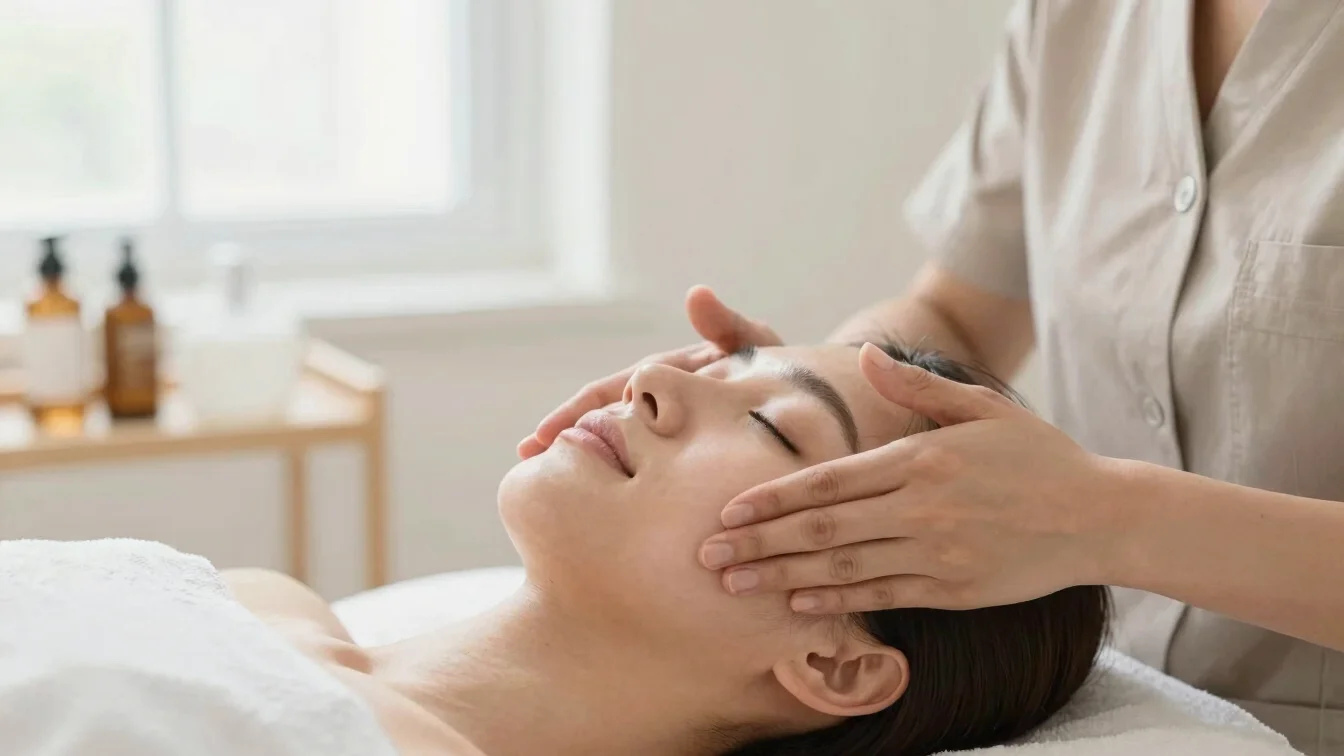 Therapist giving a facial massage to a client, soft diffused ligh