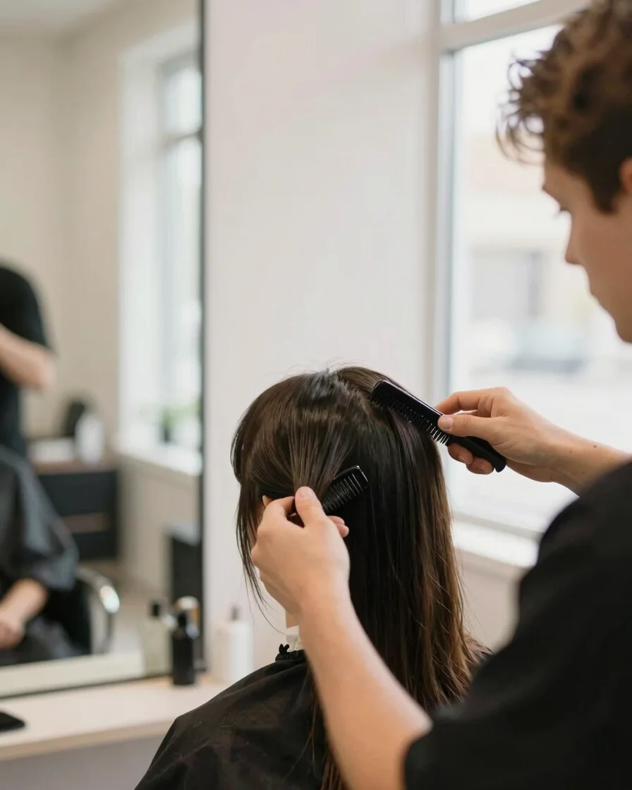 Editorial salon photograph in soft window daylight, a stylist's hands combing a client's hair at a styling station, warm