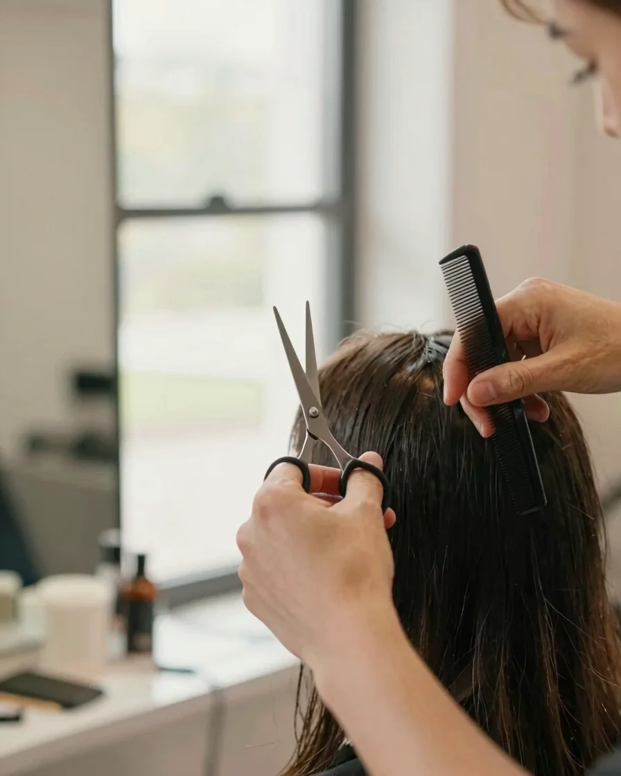 Close detail of a stylist's hands holding scissors and a comb beside a client's hair during a consultation, soft window