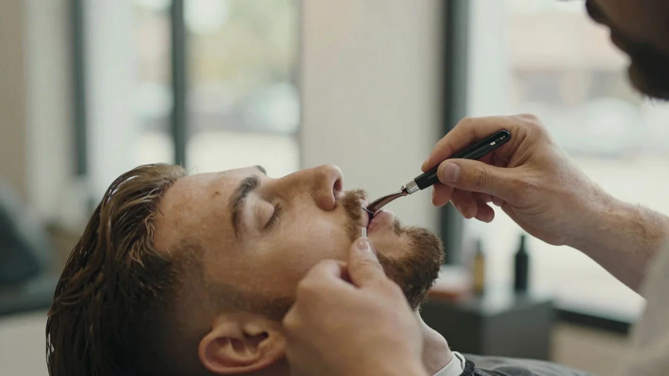 Close detail of a barber trimming a beard with precise tools, sof