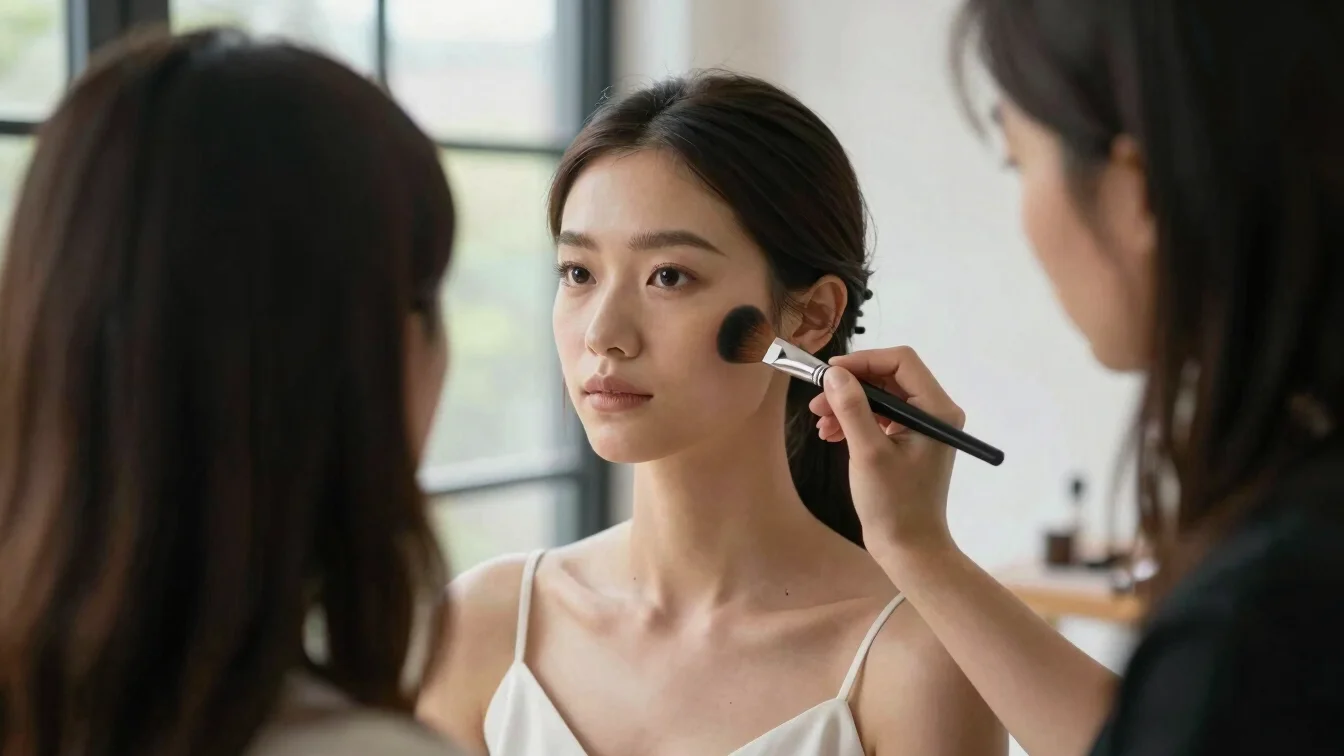 Makeup artist applying foundation to a bride's face with a fine b