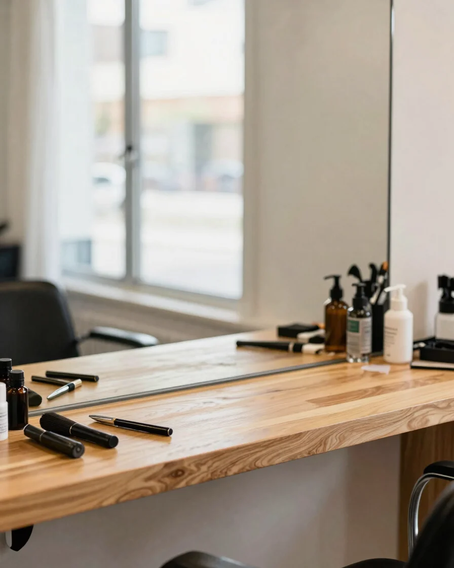 Editorial salon interior, soft window daylight, a stylist's tools laid neatly on a warm wooden counter, shallow depth of