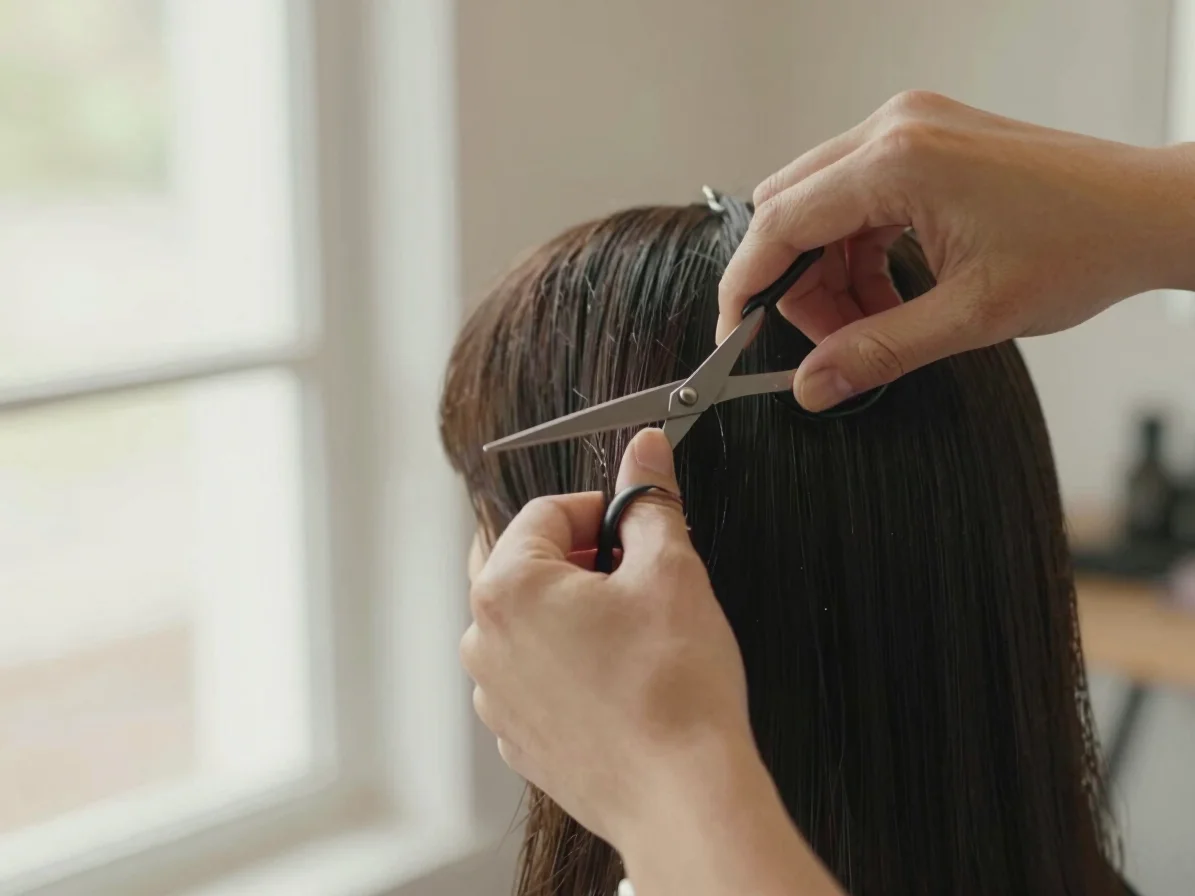 Close detail of a stylist's hands trimming a client's hair with s