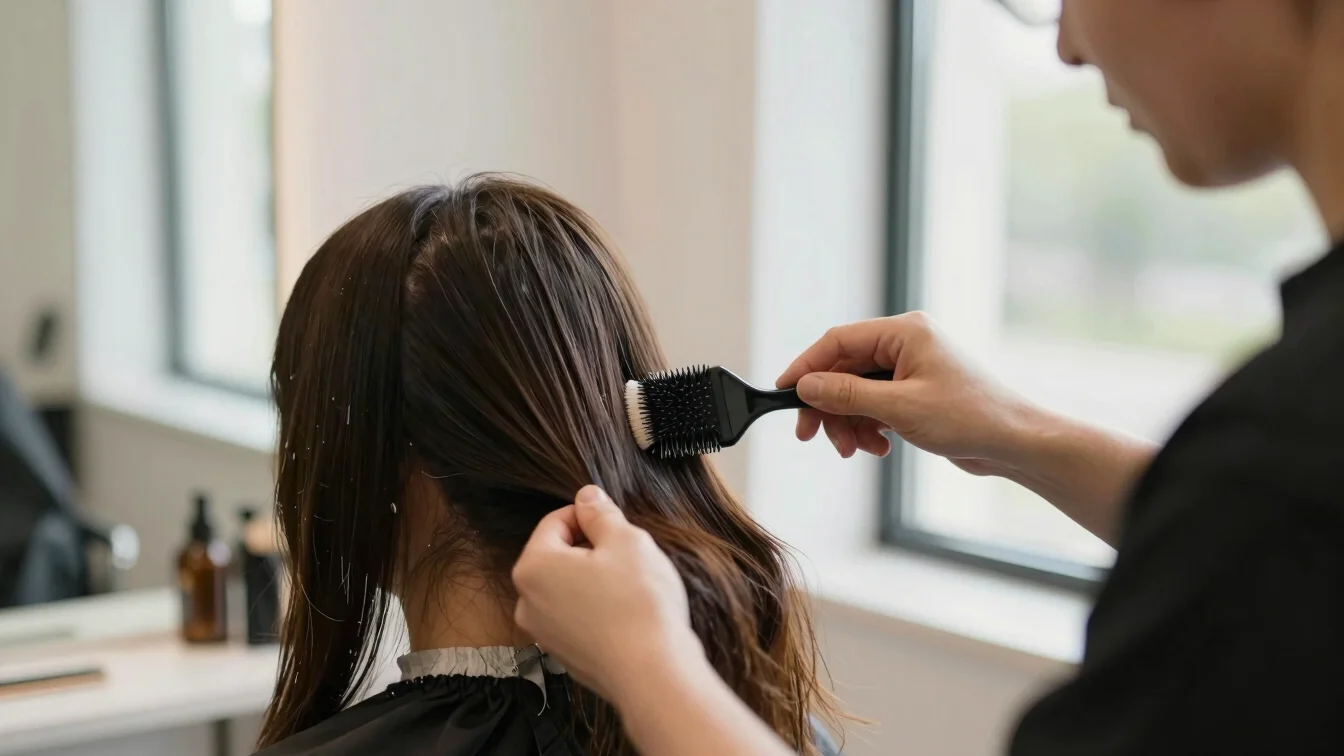 Hairdresser applying colour to a client's hair with a brush, soft