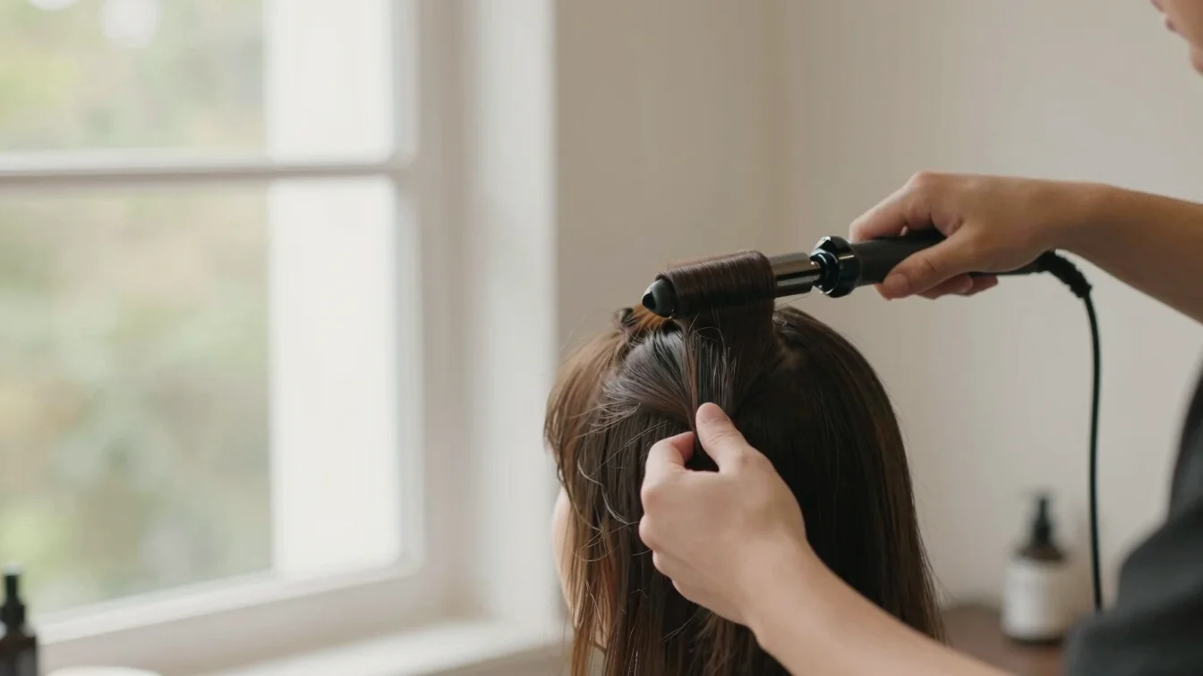 Stylist curling a client's hair with a waving iron, soft window d