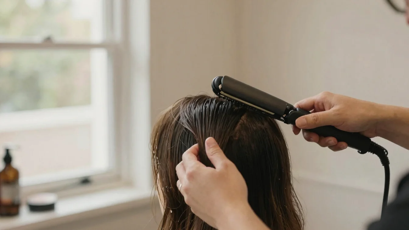 Stylist smoothing a client's hair with straightening tongs, close