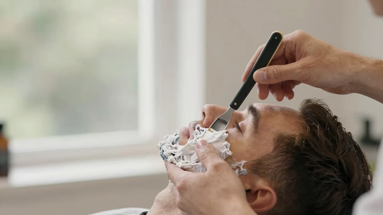 Barber shaving a client's jawline with a straight razor, detail o