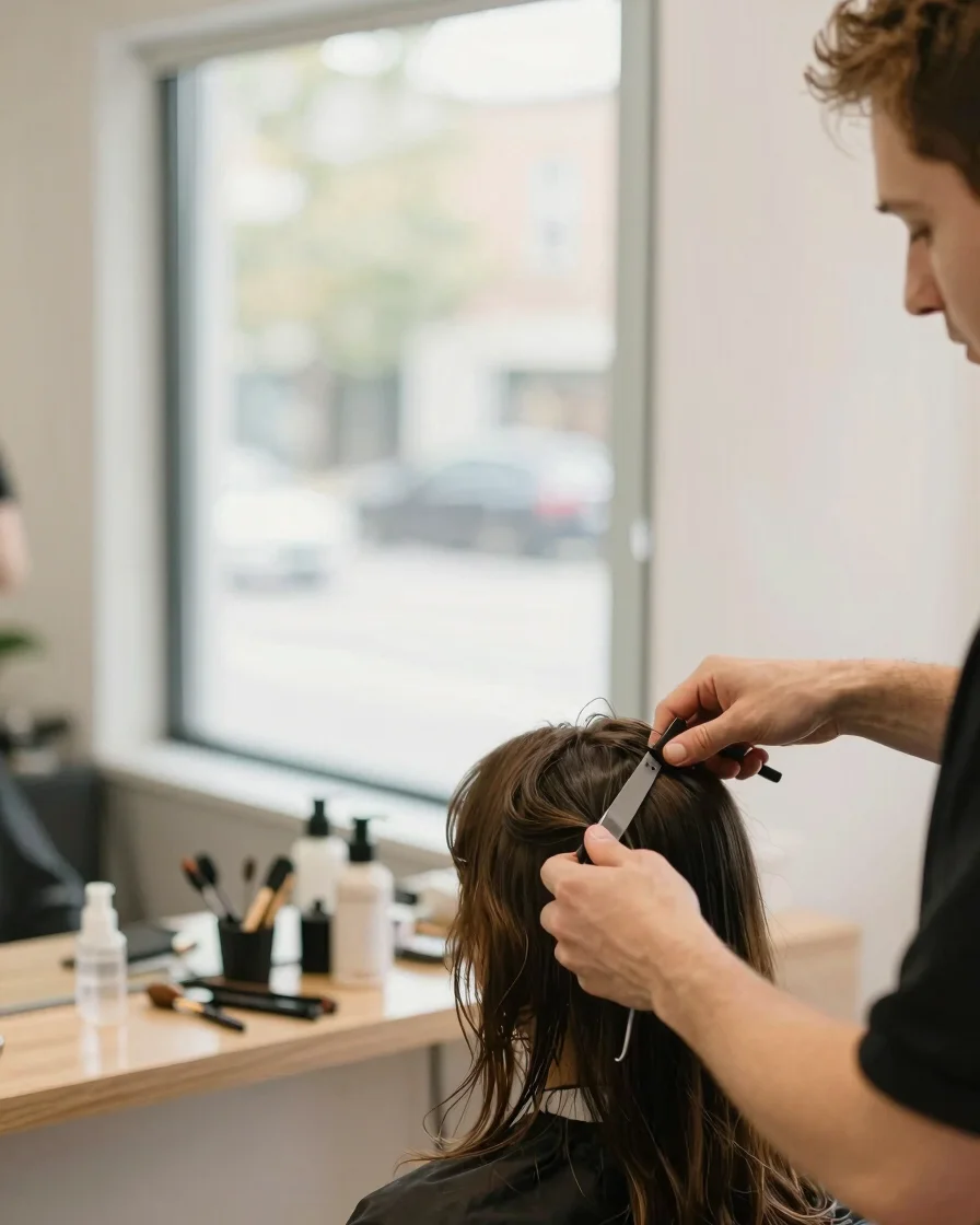 Soft window daylight in a warm salon interior, a stylist's hands gently cutting a client's hair beside a styling station